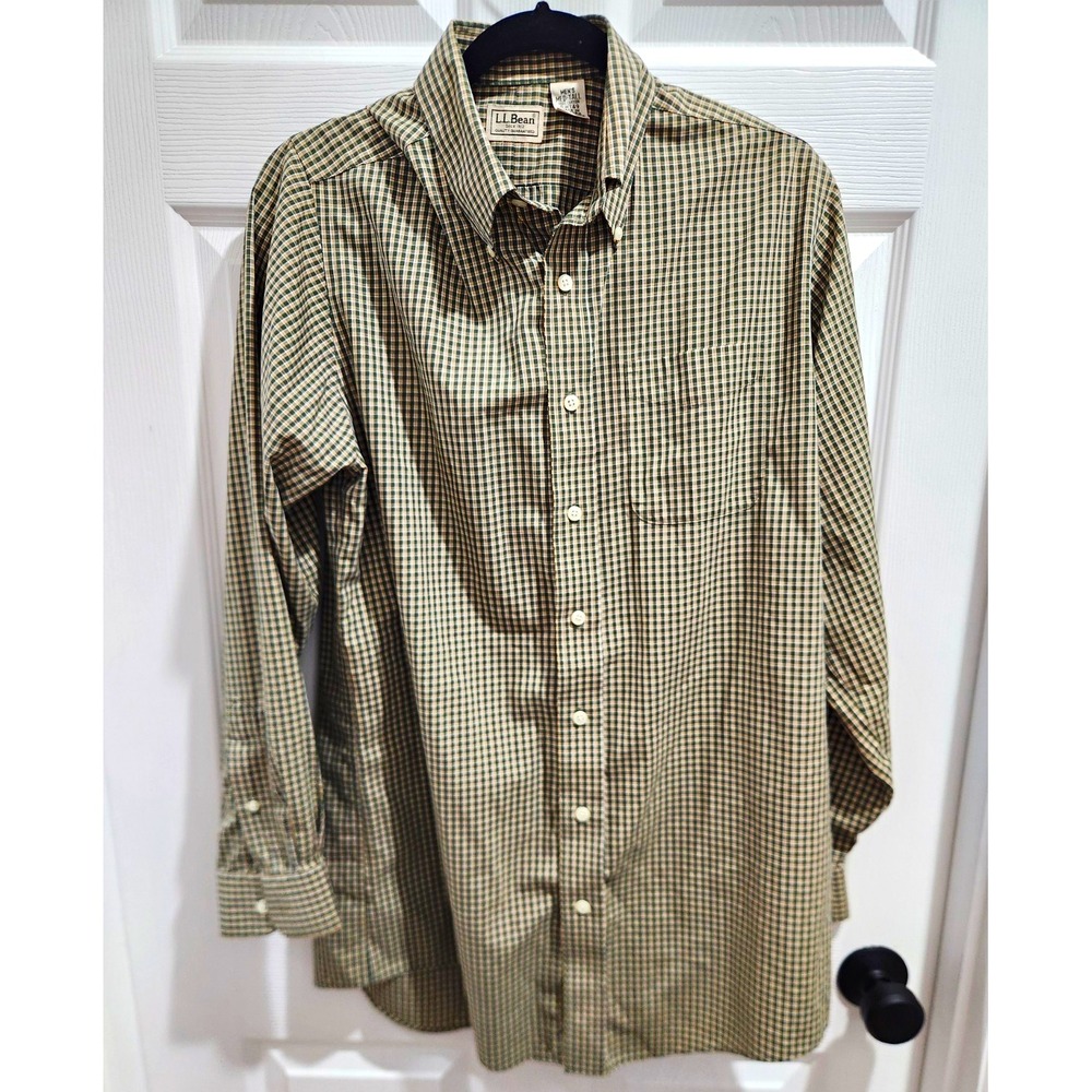 L.L.Bean Men's M Green/Tan/White Plaid Cotton Woven Long Sleeve Button-Up